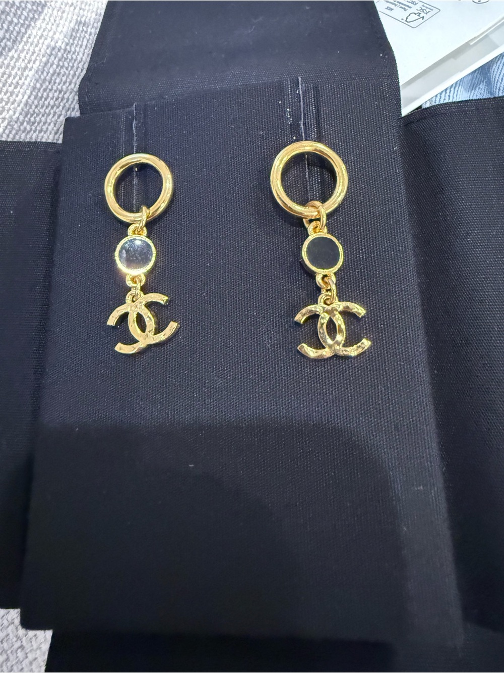 CHANEL Gold and Black Logo Drop Earrings